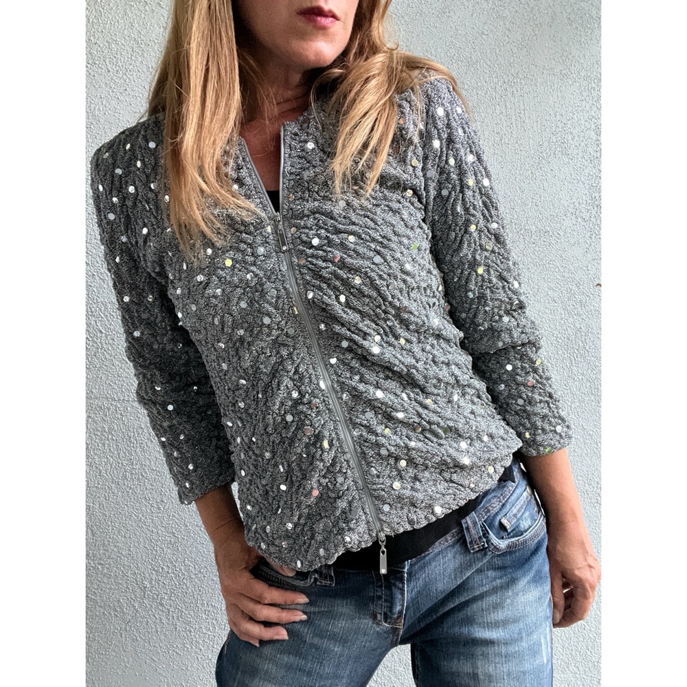 Vintage 90s Joseph Ribkoff Metallic Wrinkle Silver Sequin Party Jacket Sz 8